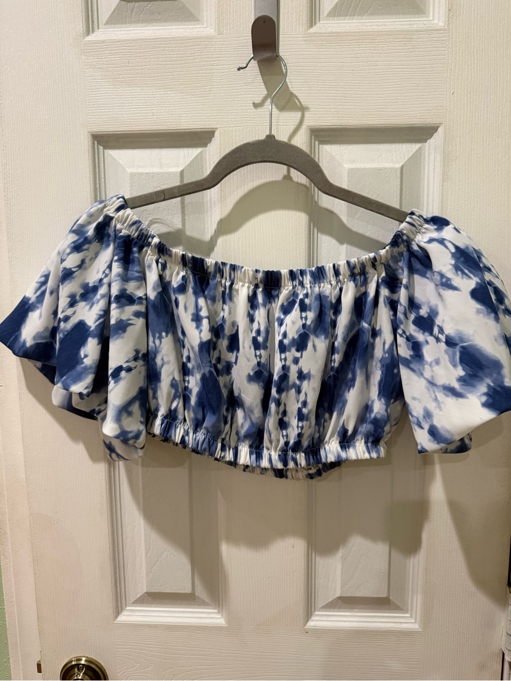 Tyche Blue & White Tie-Dye Off-Shoulder Crop Top